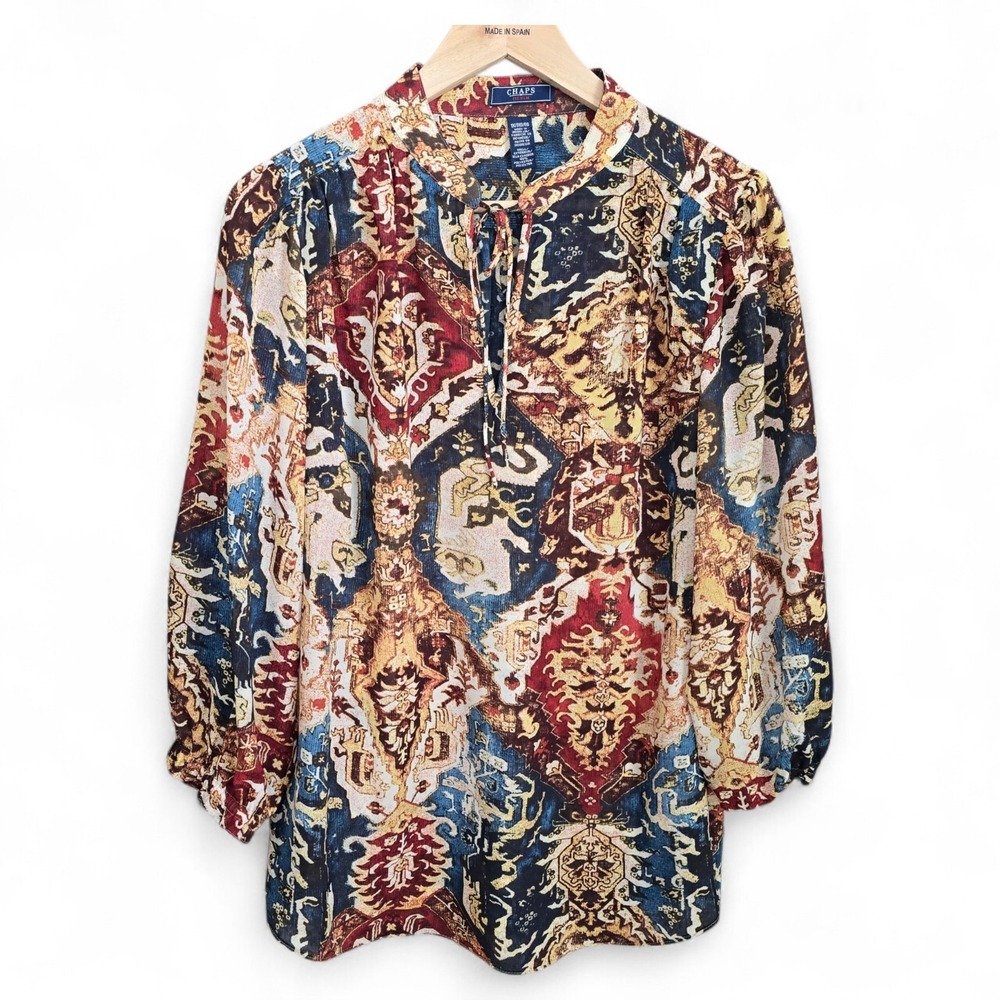 Chaps Top Womens Plus 1X Brown Printed Peasant Blouse Neck Tie Semi Sheer Casual